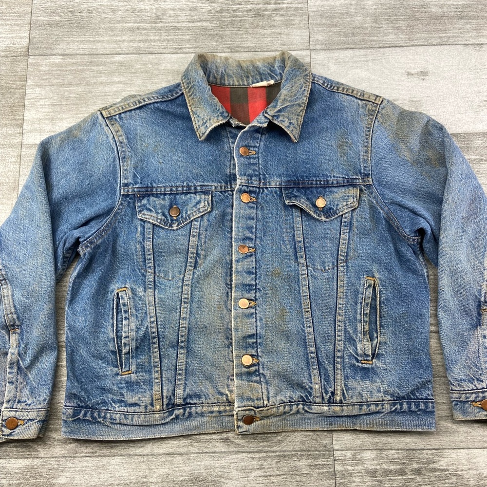 VTG STEEL Indigo Denim Buffalo Plaid Blanket Lined Adult 46 Jean Jacket USA Made